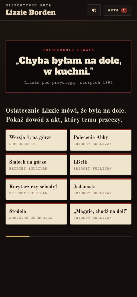 Ekran gry: twierdzenie Lizzie i dowody do wyboru