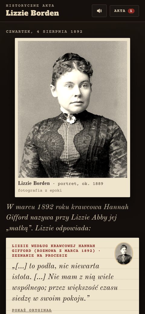Ekran gry: zeznanie świadka z portretem Lizzie Borden